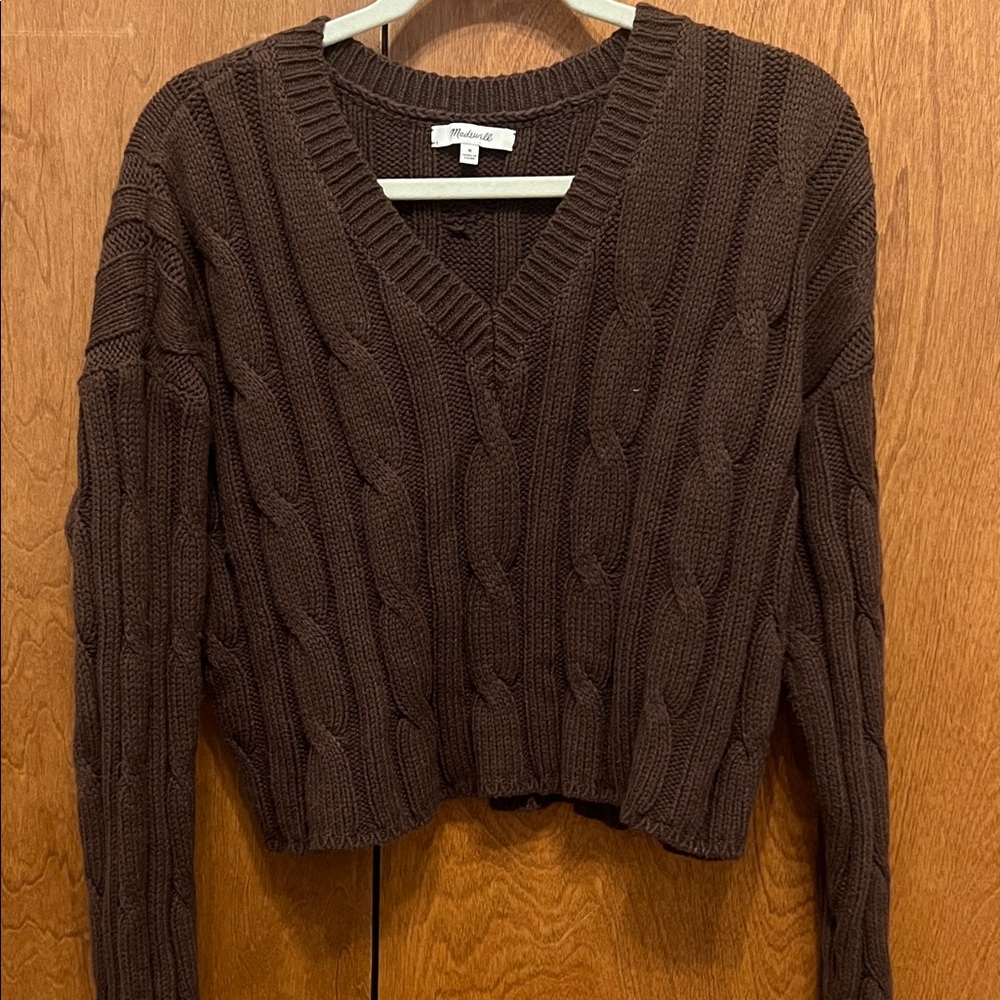Madewell Deep Brown V-Neck Cable Sweater